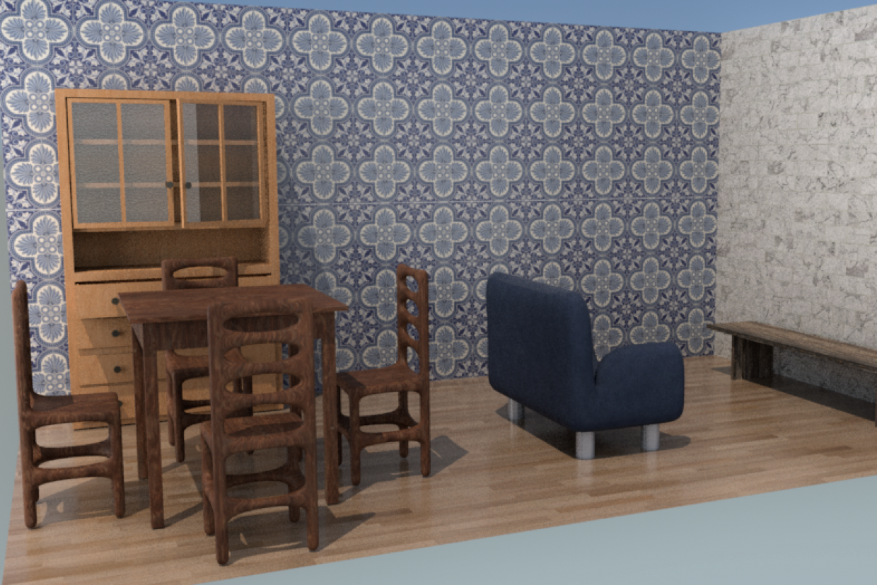 Modelação de um espaço interior de uma casa, sala, com texturização, iluminação e renderização - detalhe