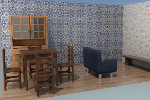 Modelação de um espaço interior de uma casa, sala, com texturização, iluminação e renderização - detalhe