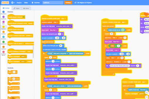 Jogo no Scratch - Caça à Banana, detalhe do código.